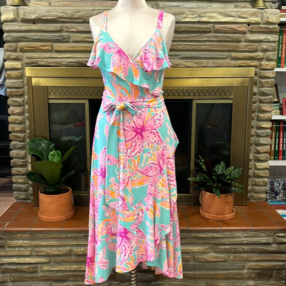 Lilly Pulitzer Fontaine Wrap Dress. Surf Blue Bonita Blooms Size Medium NWT - Picture 3 of 9
